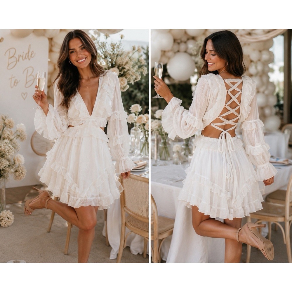 NWT White Ruffle Chiffon Mini Dress M •Lace Up Cutouts Bridal Fairycore Ethereal